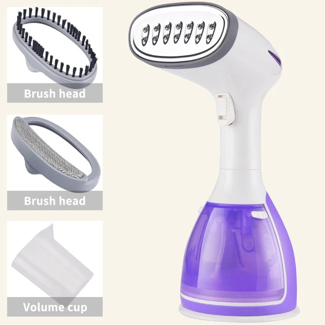 White and purple handheld garment steamer with oval steam head and water tank cup