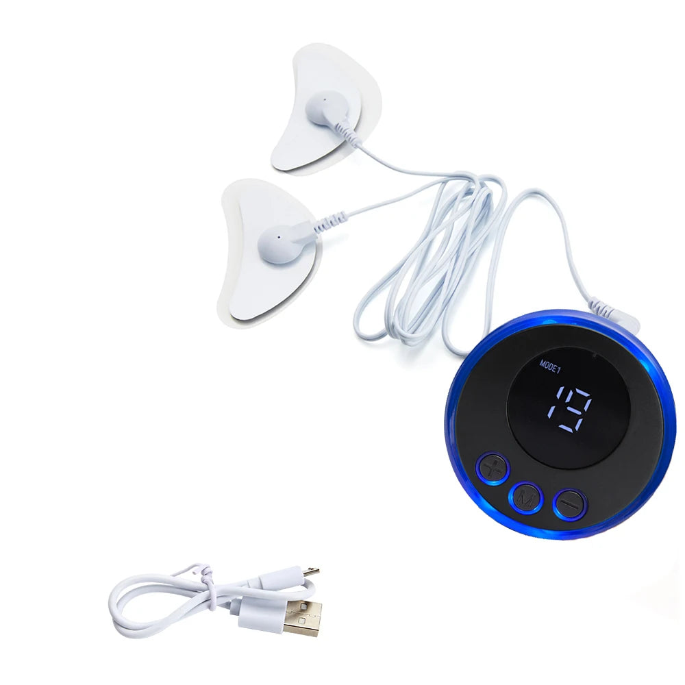 Electric EMS eye massager with digital controller, facial lifting pads for anti-wrinkle skin care and fatigue relief.
