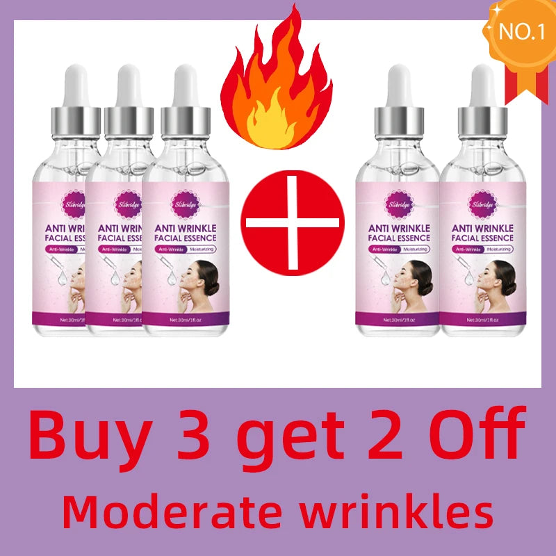 Five bottles of Slibridge anti-wrinkle facial essence with dropper tops, featuring pink labels and a Buy 3 get 2 offer.