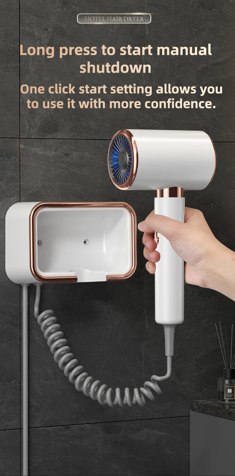 White and rose gold wall-mounted 1300W negative ion hair dryer with coiled cord for home or hotel bathroom use.