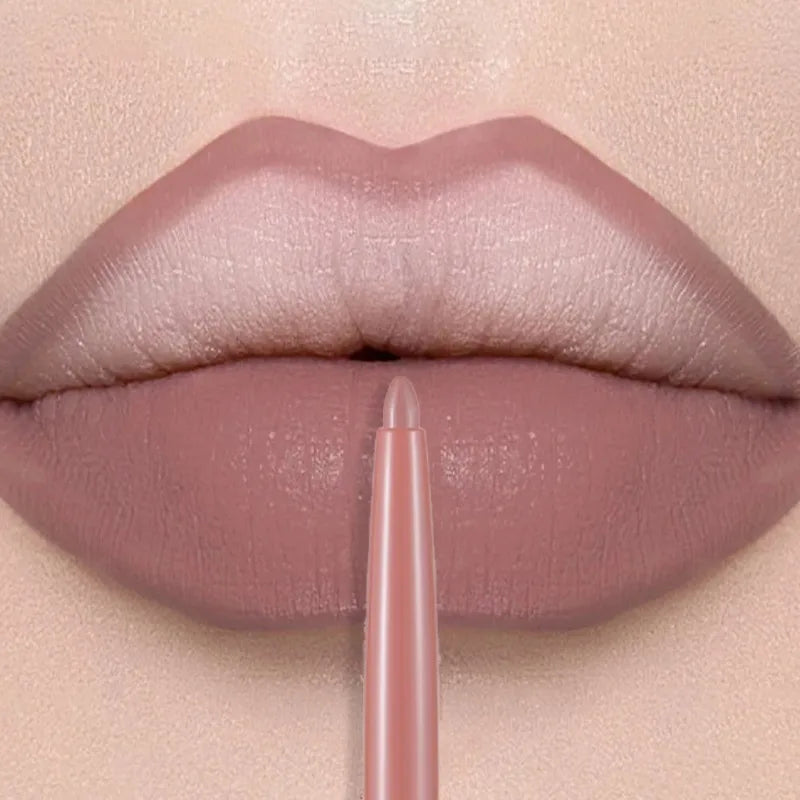Long-lasting matte lip liner pen in dusty rose, providing smooth, velvet, waterproof coverage for defined lips.