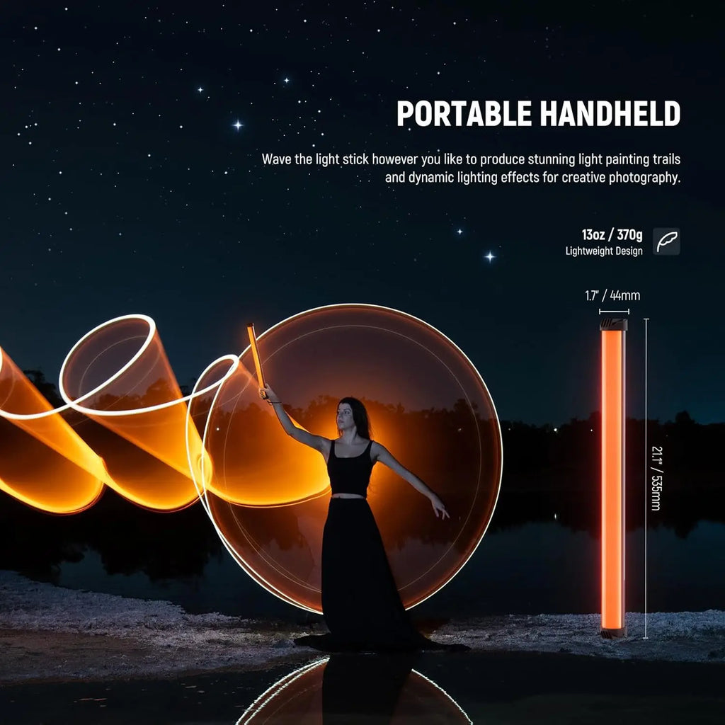 Handheld 21-inch LED light stick. Orange cylindrical tube for creative light painting photography at night.