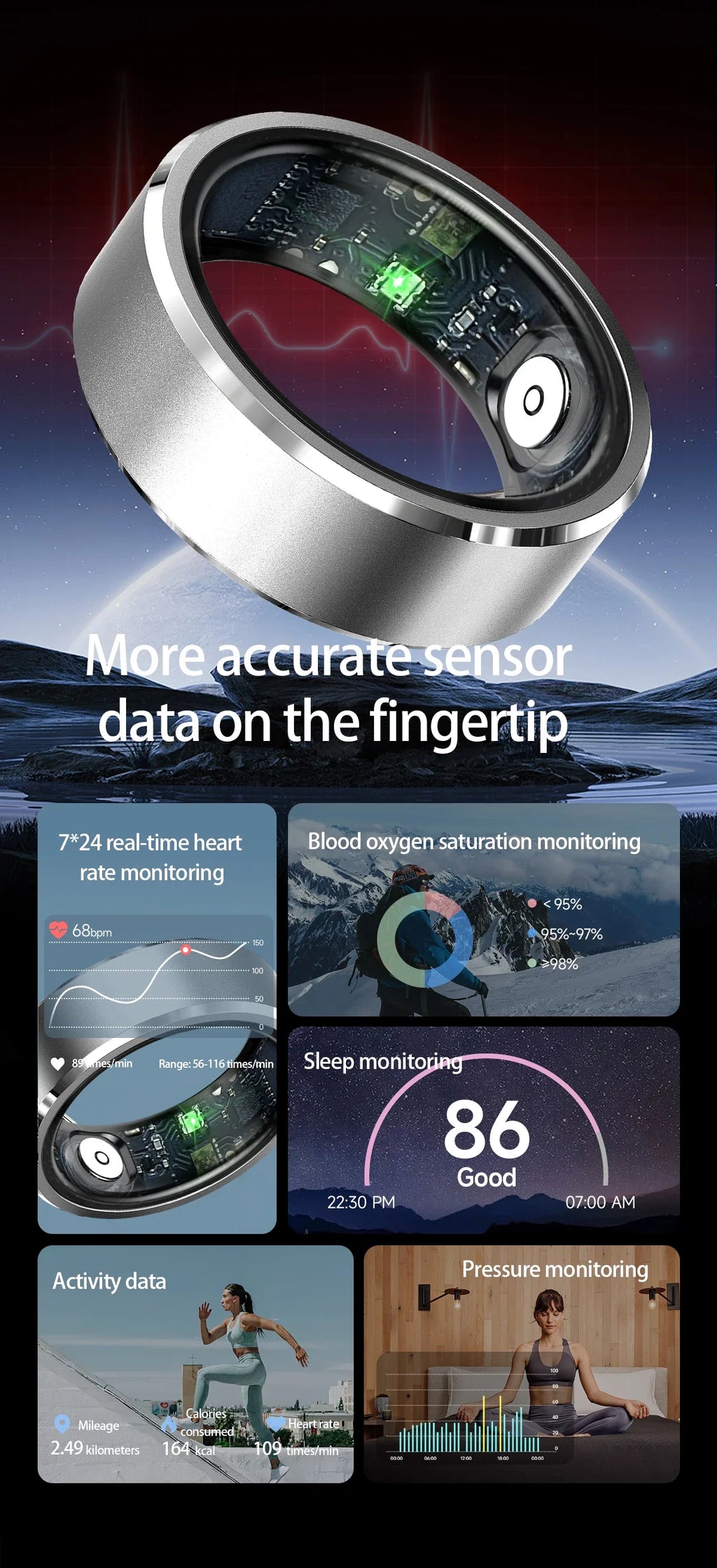 Smart Health Ring Fitness Tracker with Heart Rate & Oxygen Monitor Tidesmit