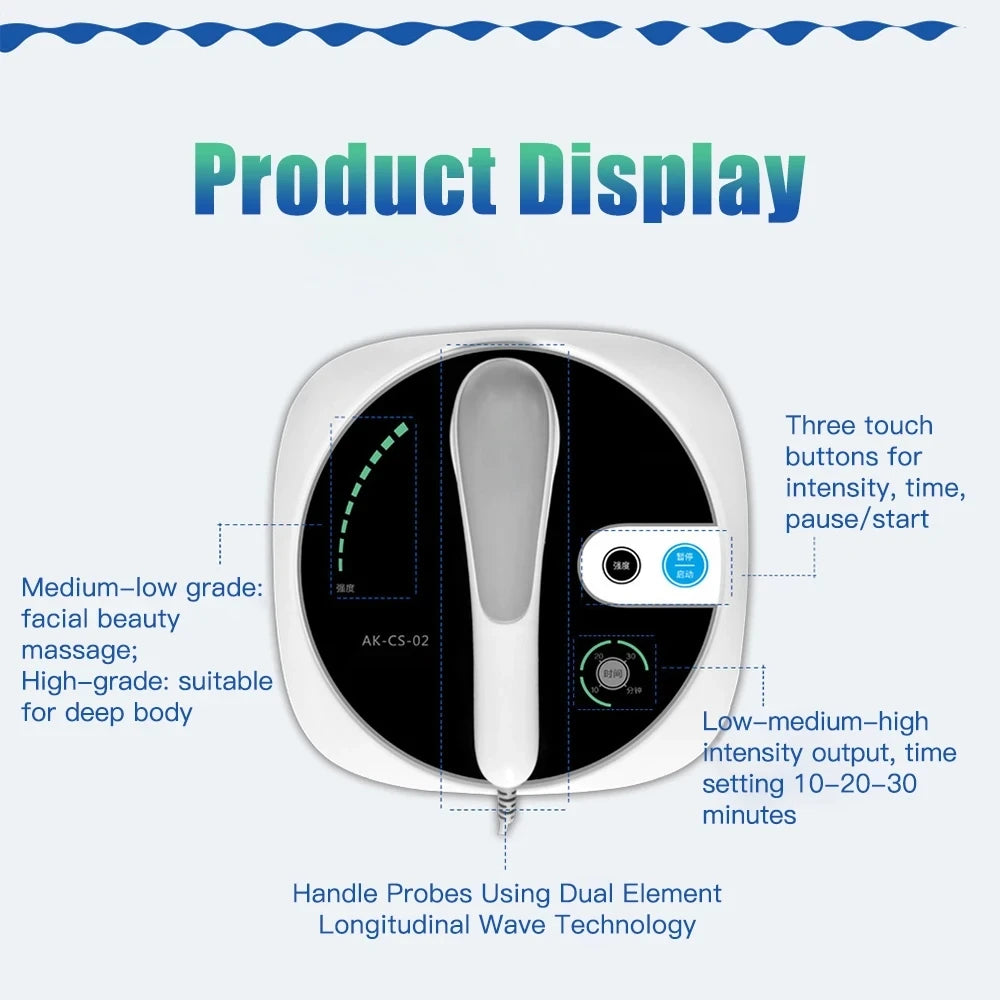 White 1MHz ultrasonic physiotherapy massage machine with touch controls, timer settings, and probe for pain relief.