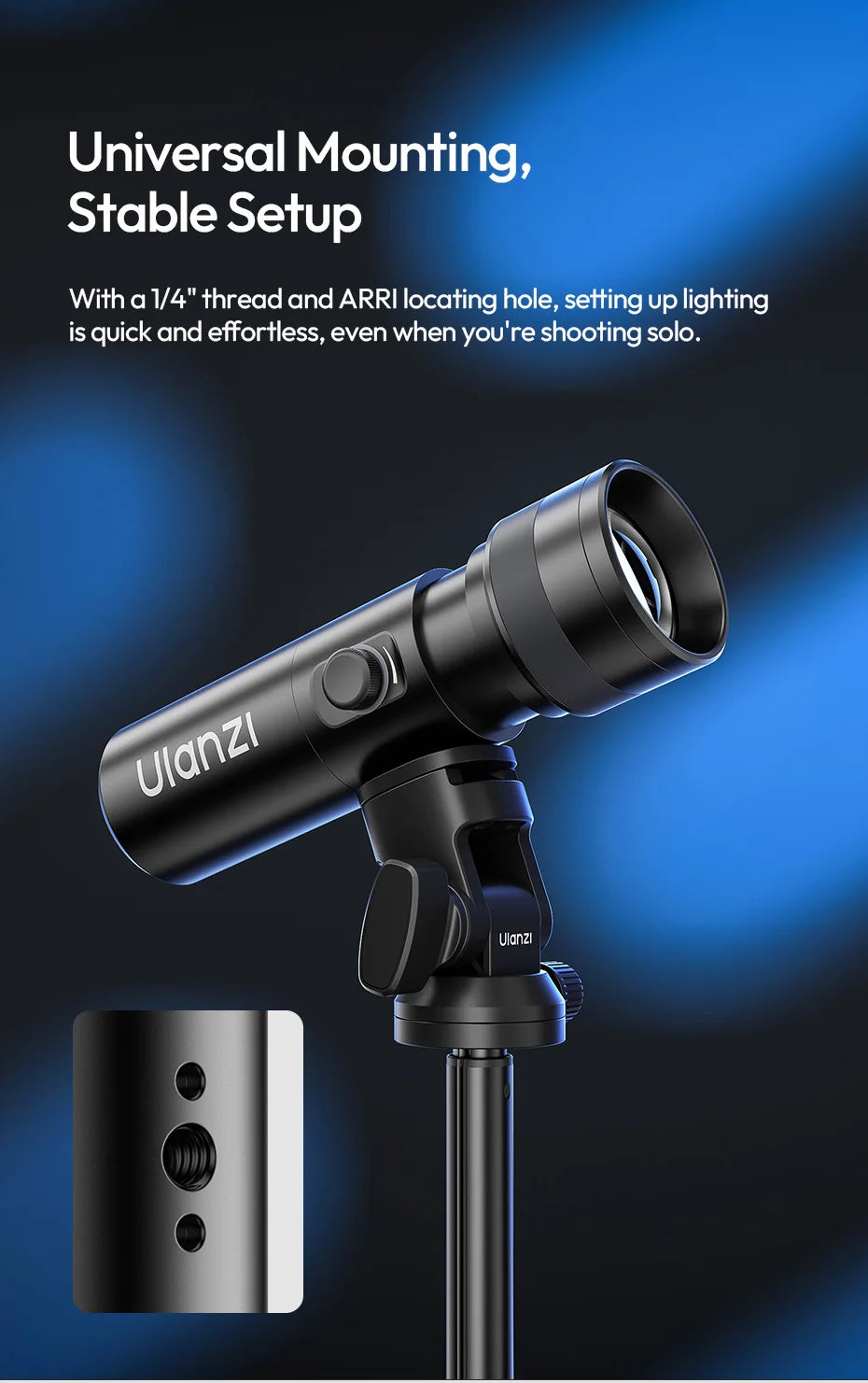 Black cylindrical LED video light on a mount with 1/4" thread and ARRI locating hole for professional photography.