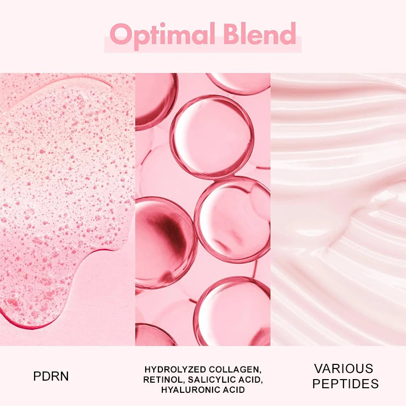 Pink collagen peptide serum texture: liquid, bubbling, and creamy swirled patterns for skin renewal and elasticity.