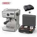 HiBREW stainless steel espresso machine with digital display, pressure gauge, and professional barista accessory kit.