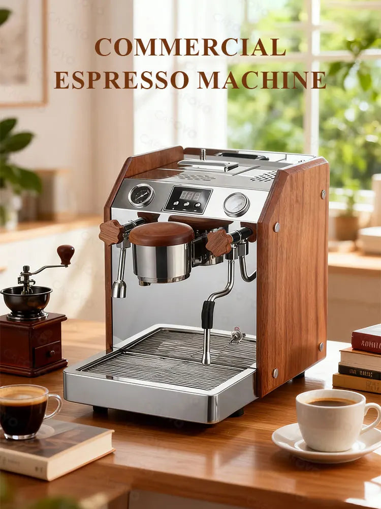 Cafovo commercial stainless steel espresso machine with wood side panels, pressure gauges, and digital display.