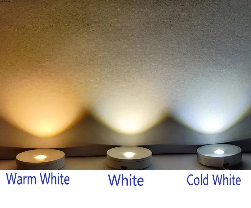 Ultra-flat recessed LED puck light set, three circular lights with warm, white, cool glow