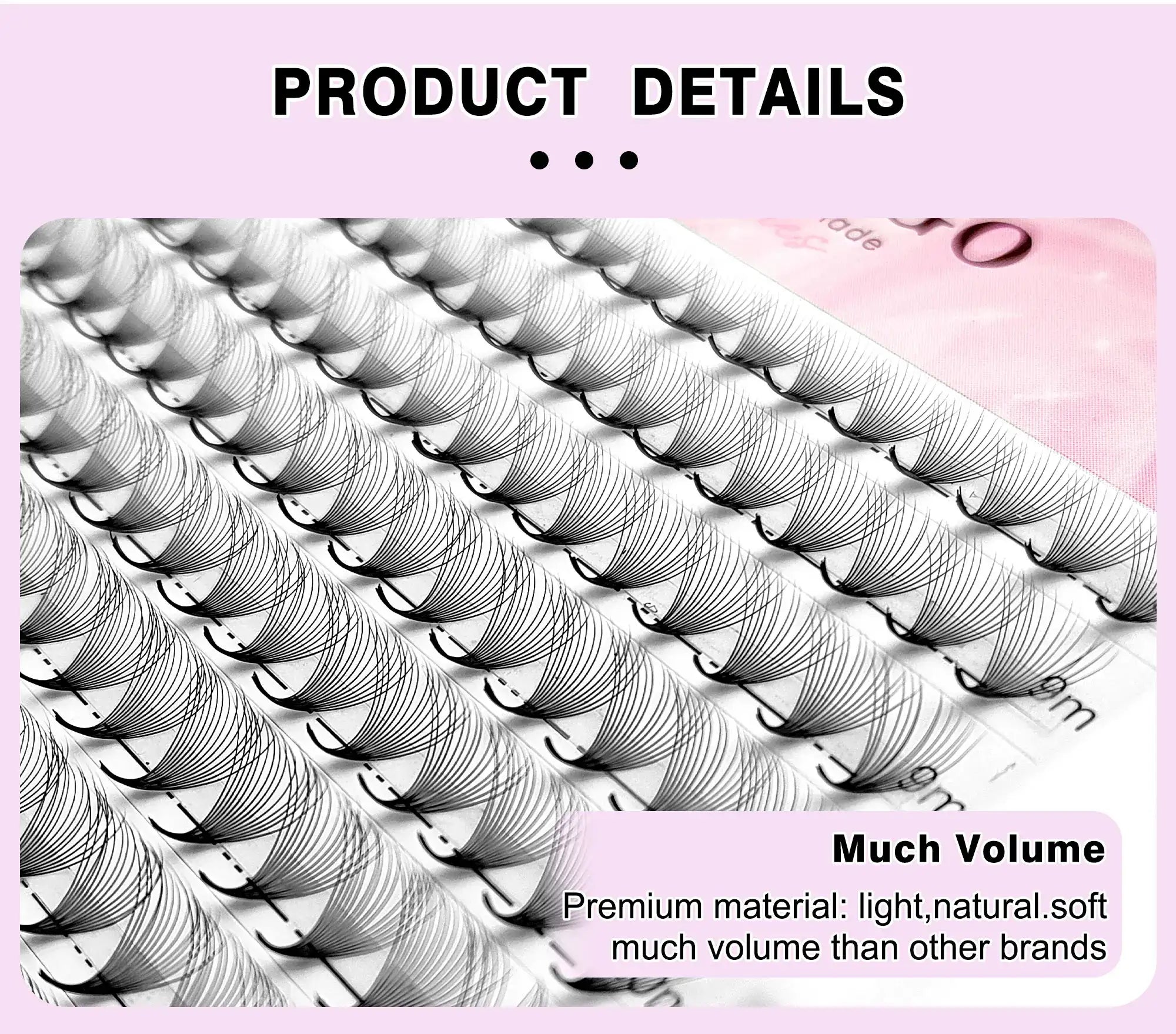 Rows of black fan-style volume eyelash extensions on an adhesive tray for professional beauty application.
