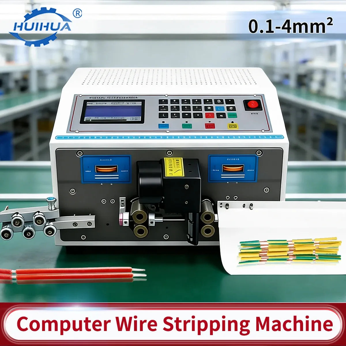 Cable wire stripping machine with LCD control panel and wire clamp, showing cut wire bundle