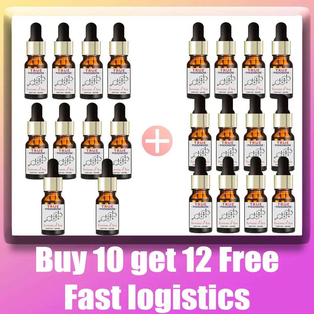True Pheromone essential oil dropper bottles. Long-lasting unisex scent for dates and business. 10ml amber glass vials.