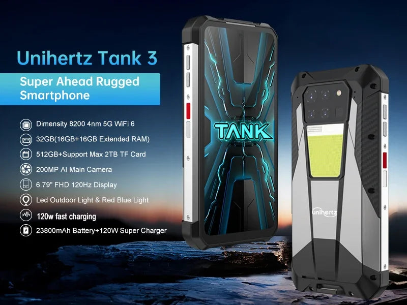 Unihertz 8849 Tank 3 by Smartphone 5G 32GB+512GB 200MP 120Hz 23800mAh 120W Charger Cell Phone Dimensity 8200 Mobile Phone Tidesmit