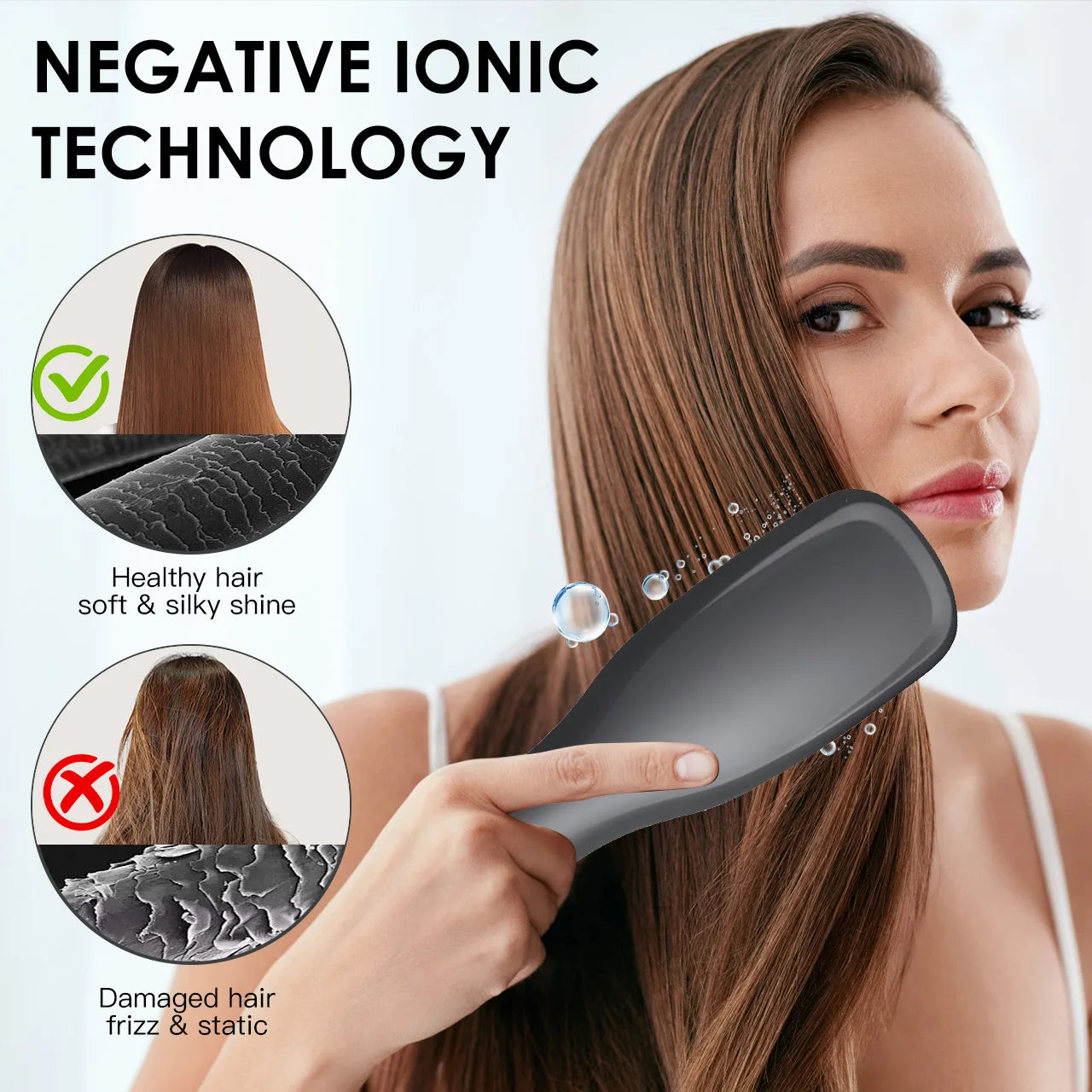 Hatteker grey negative ion straightening brush for frizz-free, silky hair styling with visual damage-repair comparison.