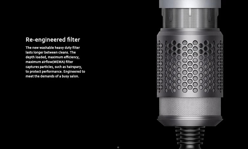 Professional ionic hair dryer features a silver, washable heavy-duty airflow filter for salon-grade performance.