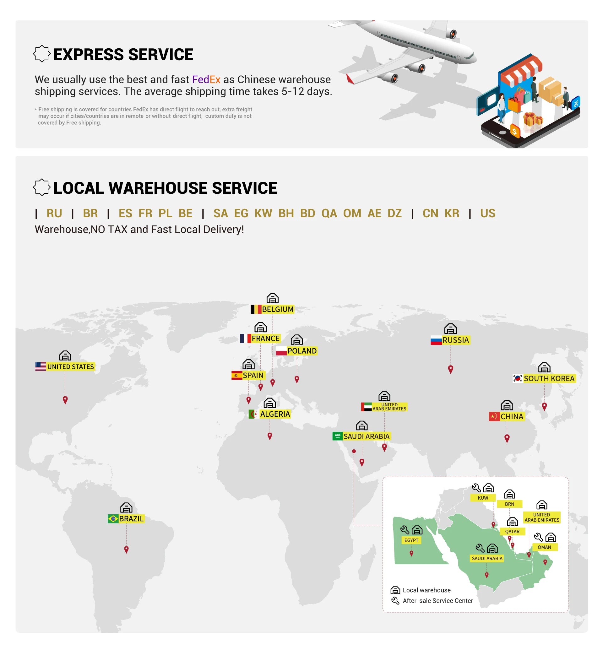 Global logistics map showing express FedEx shipping and local warehouse service locations for fast international delivery.