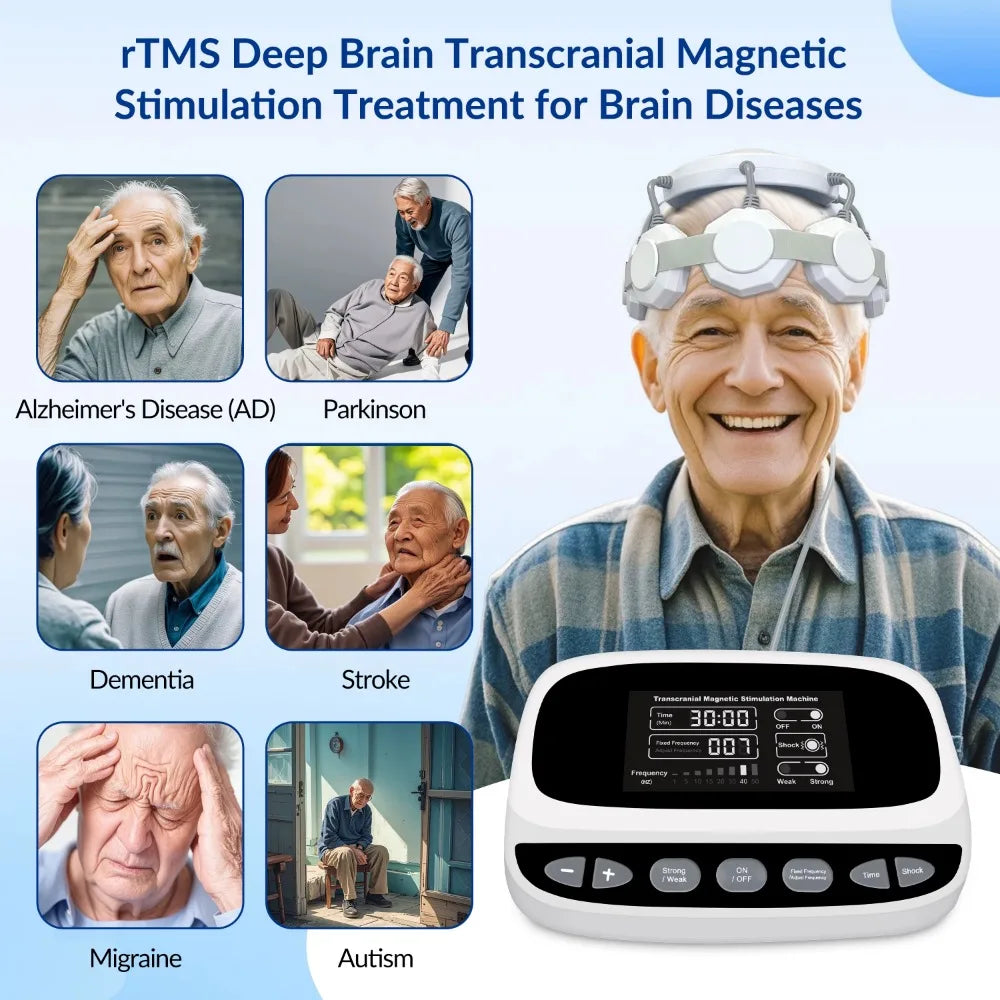 Frovab rTMS brain stimulation machine for home use with white head device, digital control unit, and patient examples.