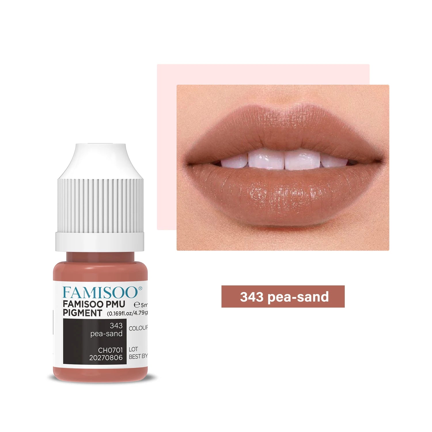 343 pea-sand PMU pigment in a small plastic bottle with a white cap, shown with a matching tan lip color swatch.