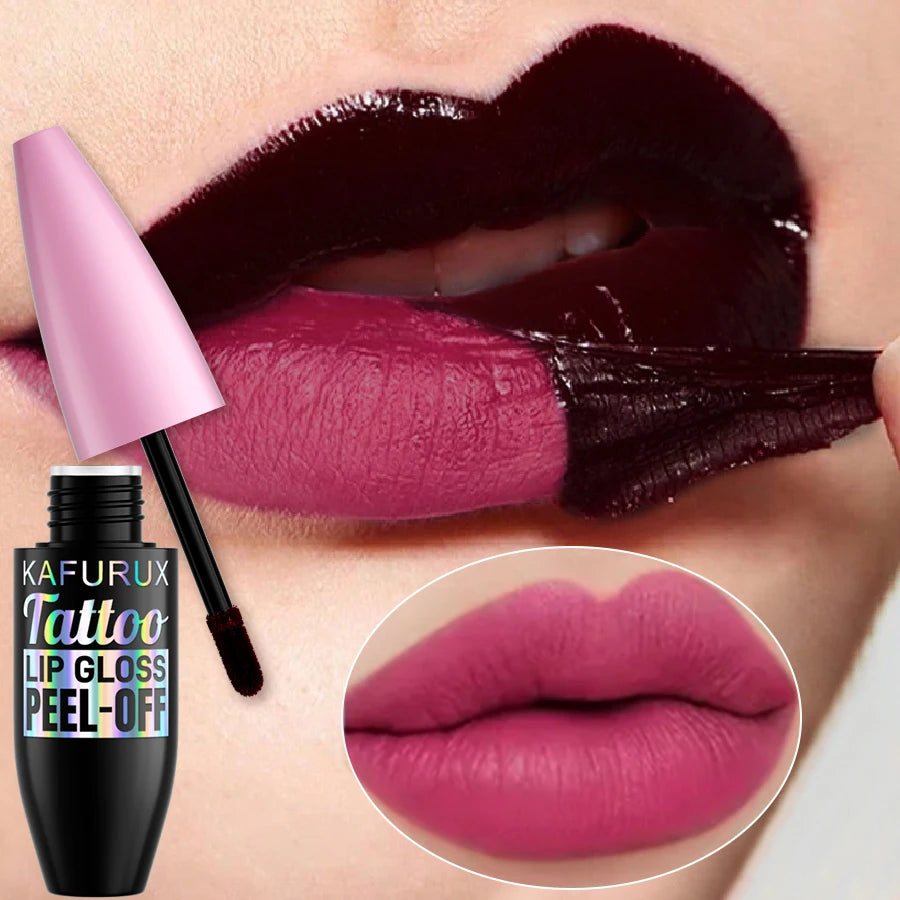 Kafurux peel-off tattoo lip gloss in deep dark shade, showing long-lasting waterproof matte pink lip stain application.