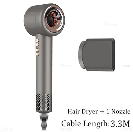 Grey leafless negative ion hair dryer with nozzle attachment and control buttons for professional styling.