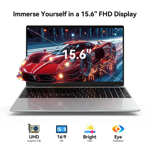Silver 15.6-inch laptop with a slim bezel, black backlit keyboard, numeric keypad, and a wide glass trackpad.