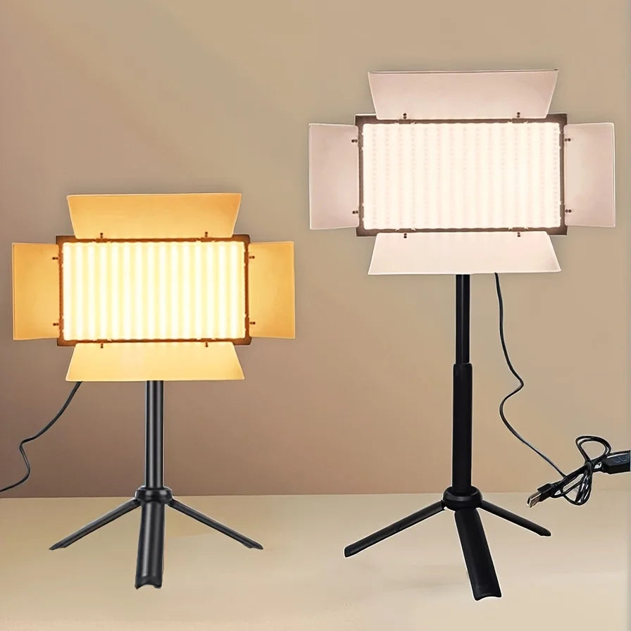 Two rectangular LED video lights with adjustable barn doors on tripod stands, showing warm and cool lighting modes.