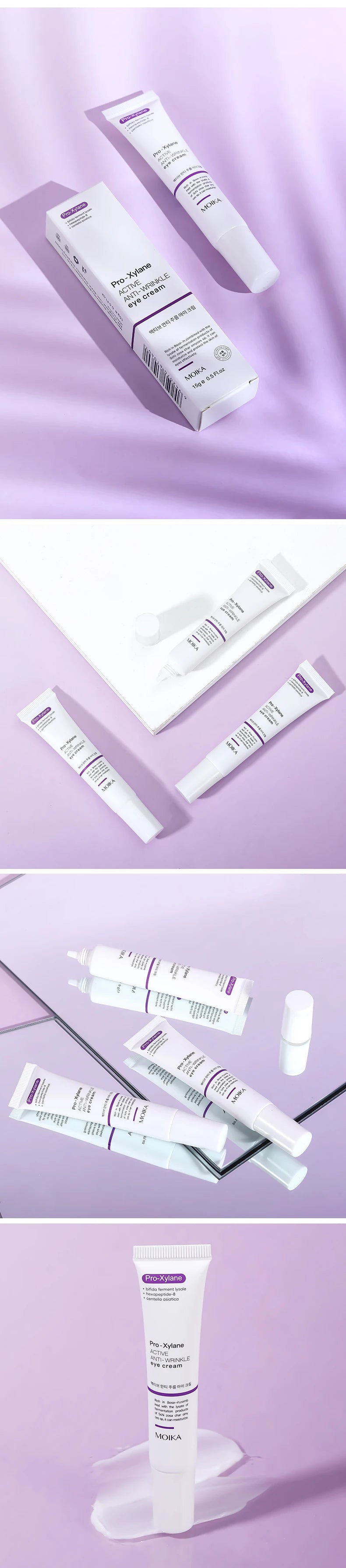 Pro-Xylane anti-wrinkle eye cream tubes on purple background for firming skin and reducing puffiness and dark circles.