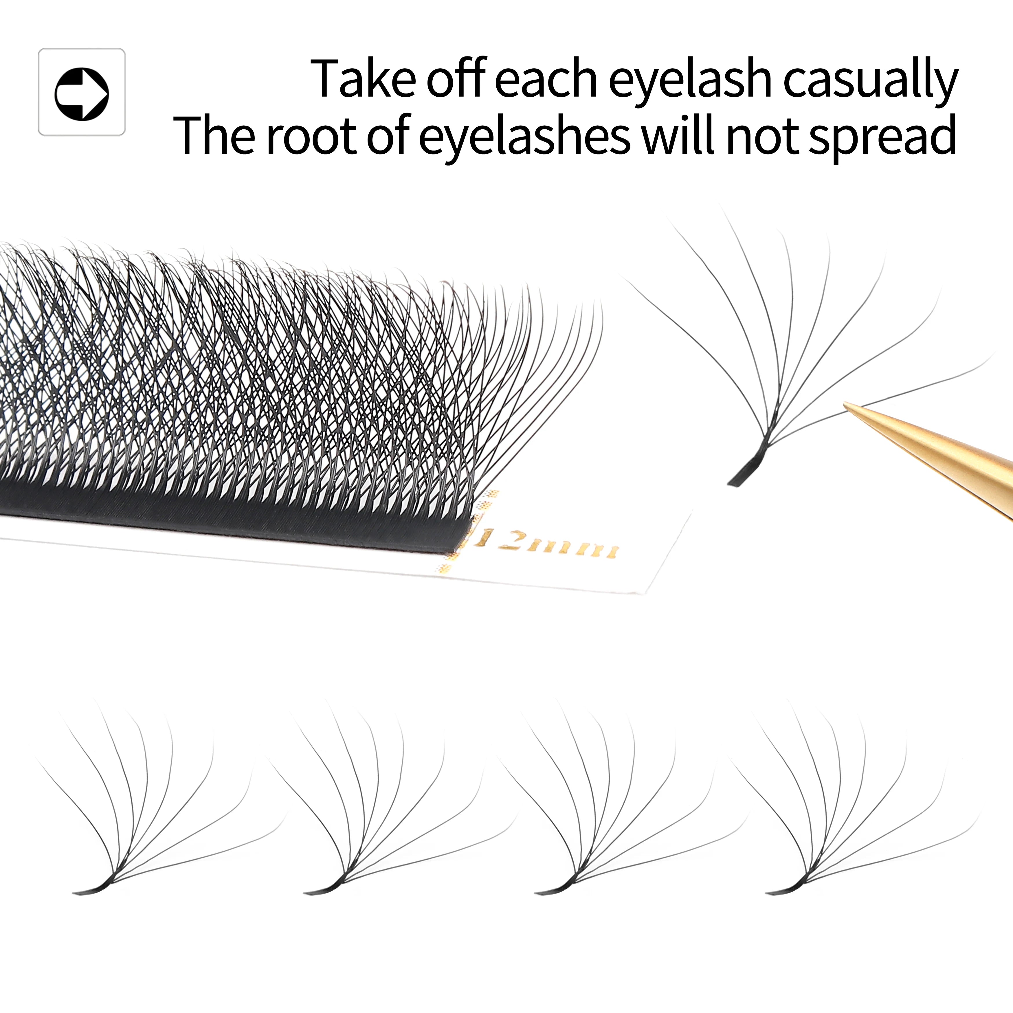 Black 12mm eyelash extension fans on an adhesive strip, designed for easy removal and precise lash application.