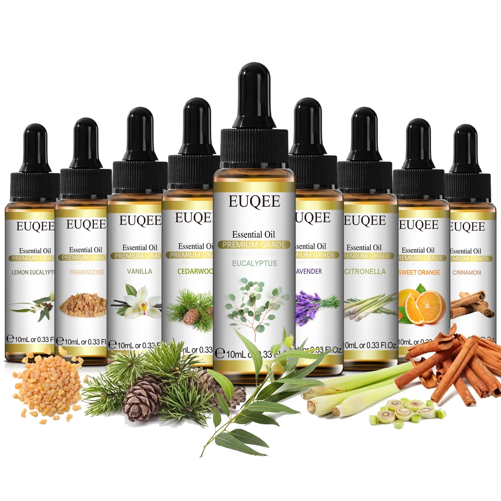 EUQEE 10ml Pure Essential Oil For Aromatherapy Diffuser-Jasmine Eucalyptus Frankincense Cinnamon Lavender Aroma Essential Oils