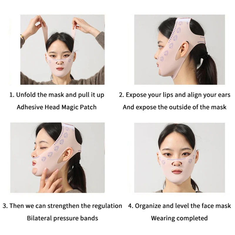 Woman applying beige V-line face slimming bandage strap for double chin lifting and facial contouring instructions.