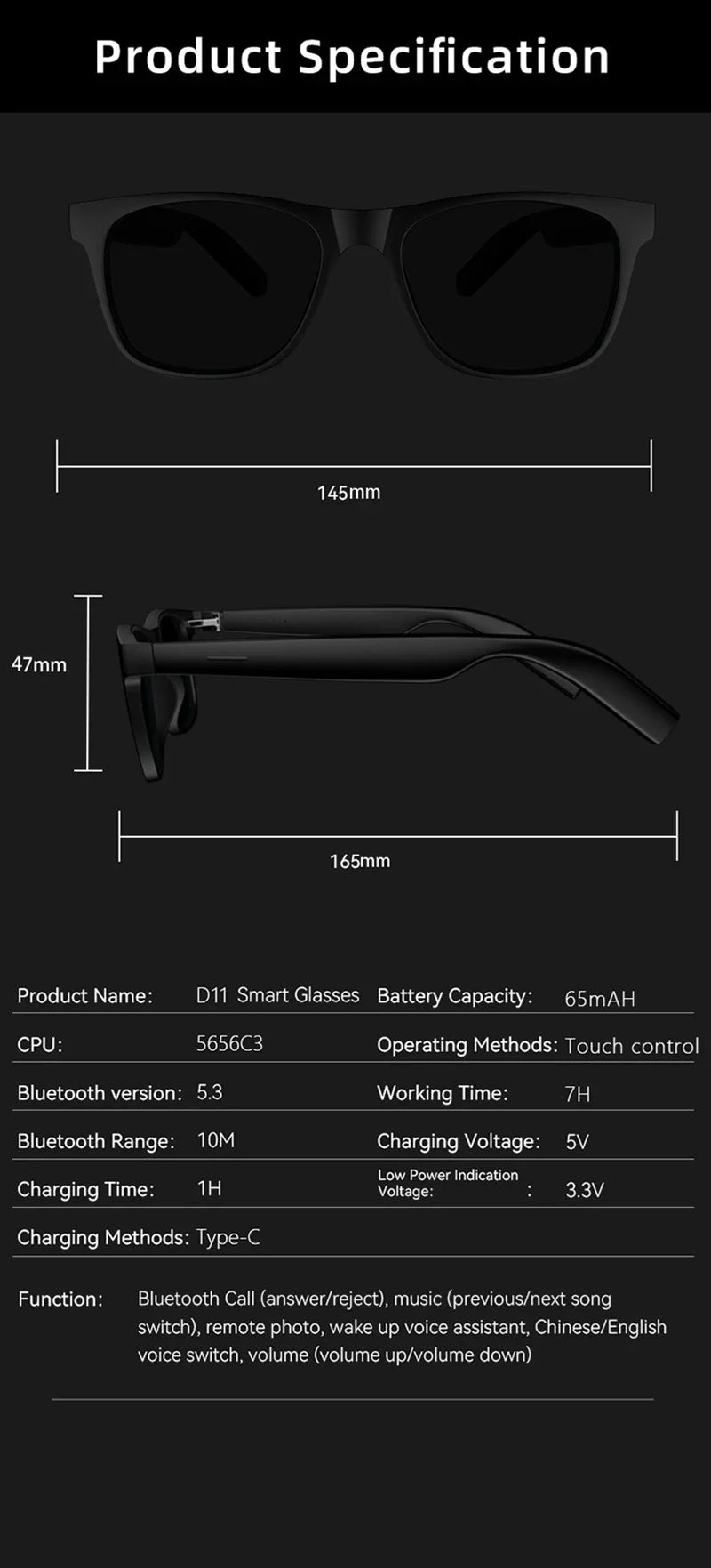 AI Smart Glasses with 4K Camera & Bluetooth Audio - Black by Tidesmit Tidesmit