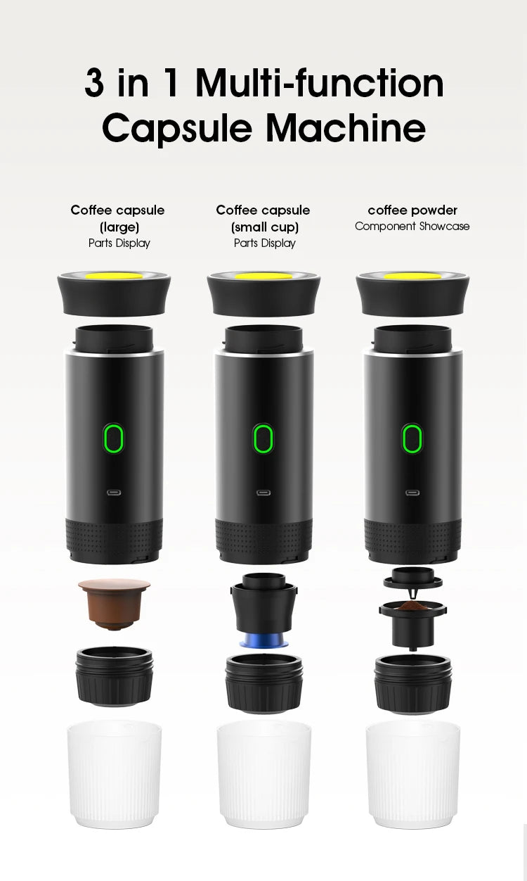 3-in-1 portable black coffee capsule machine with modular components for pods, small cups, and coffee powder.