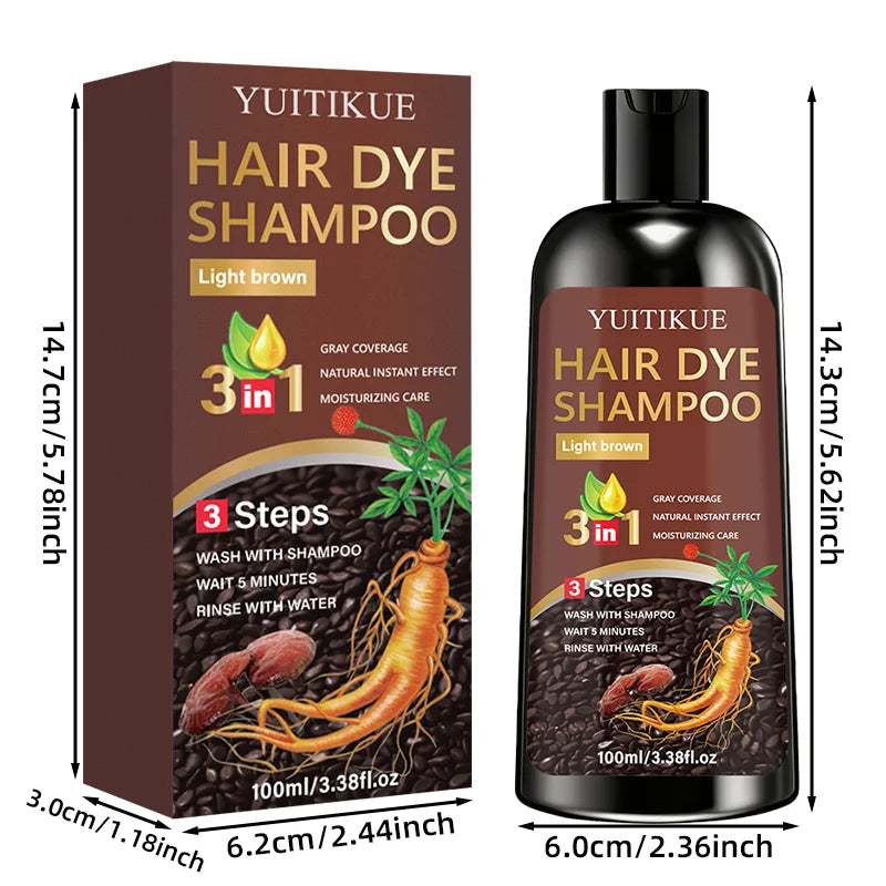 YUITIKUE 3-in-1 Hair Dye Shampoo - Light Brown, Gentle Plant Formula, Easy To Use At Home, Moisturizes Hair, 100ml