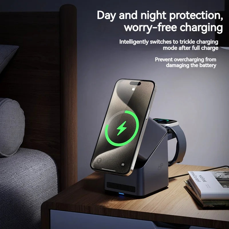 Wireless charging stand with phone dock and green charging indicator, dark gray