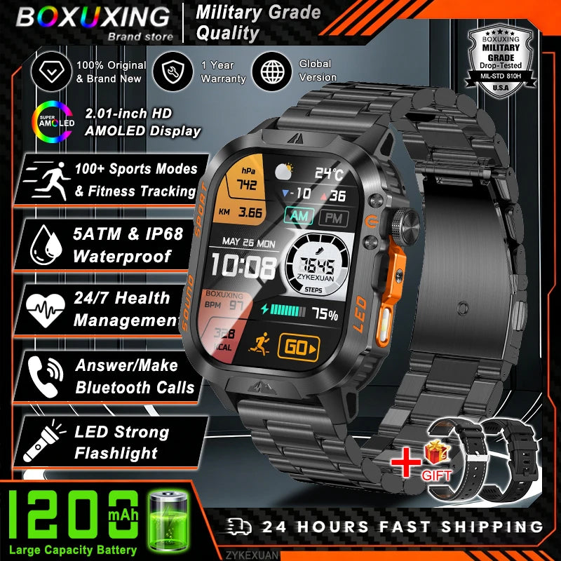 New 1200 mAh Battery Rugged Military Smartwatch Men 5ATM Waterproof Fitness Tracker Health Monitor 100+Sports Call Smart Watches