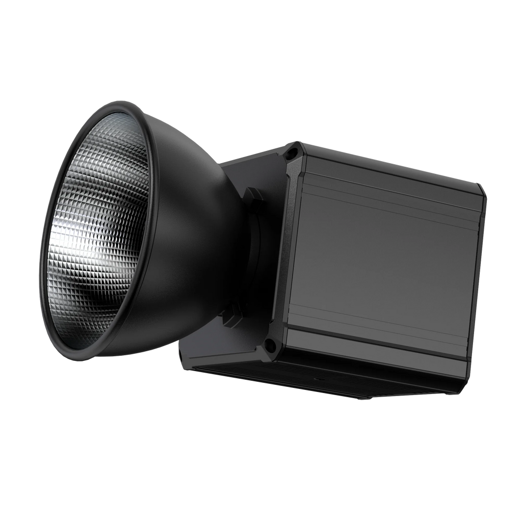 Black LED studio spotlight with a textured silver reflector cone and a matte square housing for professional lighting.