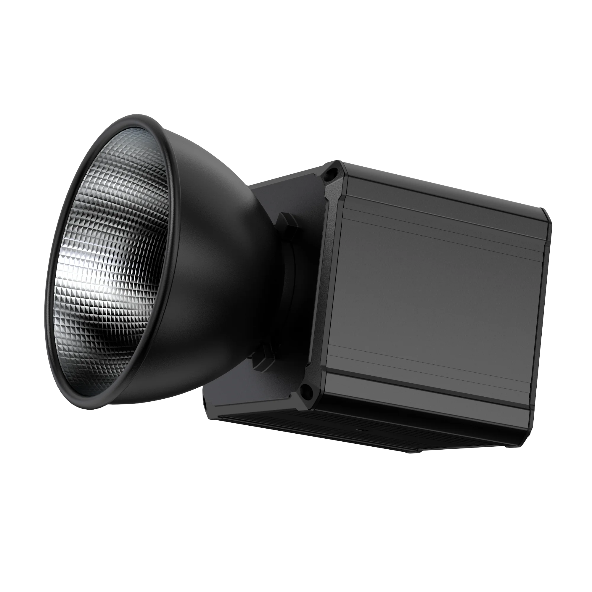 Black LED studio spotlight with a textured silver reflector cone and a matte square housing for professional lighting.