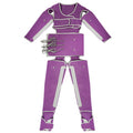 Purple air compression therapy suit for full-body lymphatic drainage with adjustable straps and connecting cables.