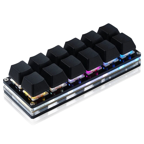 12-key mini mechanical keyboard with black keycaps, clear acrylic frame, and programmable RGB lighting.
