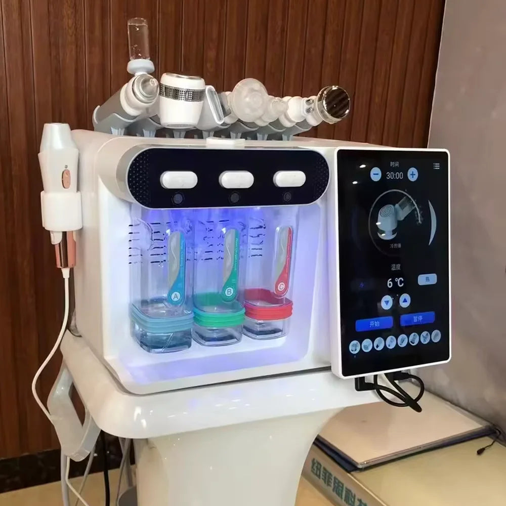 8-in-1 hydro-facial machine with touch screen, water peeling wands, and colorful solution bottles for spa skin care.