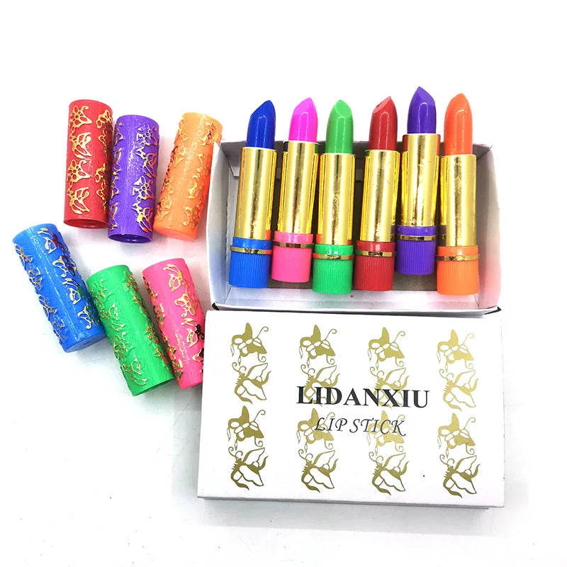 6pcs Lidanxiu magic color-changing lipstick set with gold butterfly casings and vibrant multi-color lip balm sticks.