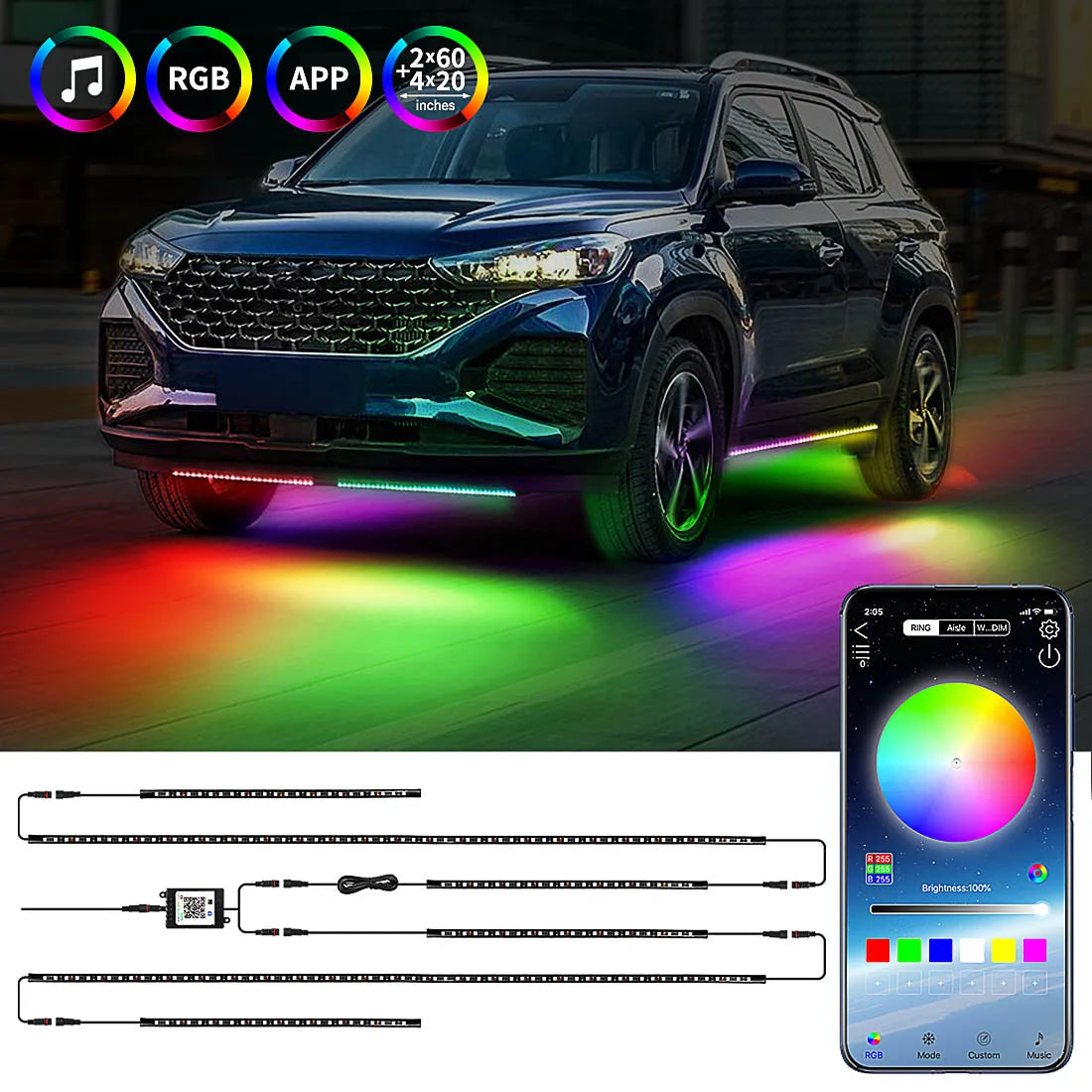 RGB LED Underglow Car Lights - App-Controlled Flowing Multi-Color 6pc Set Tidesmit