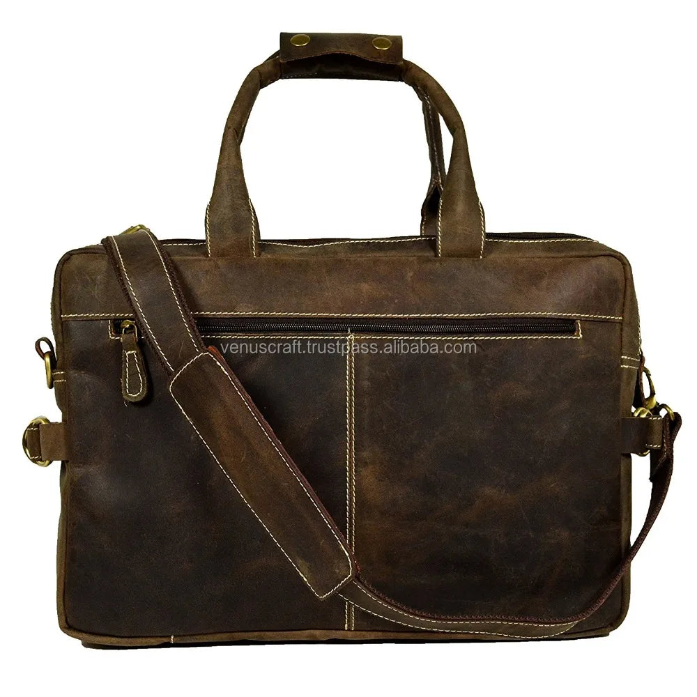 Handmade rustic brown genuine leather laptop messenger bag with shoulder strap and sturdy handles for business travel.