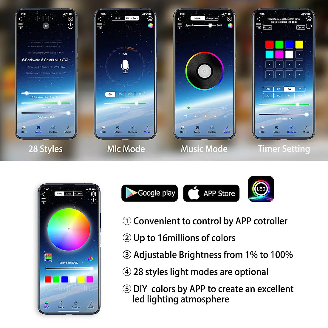 RGB LED Underglow Car Lights - App-Controlled Flowing Multi-Color 6pc Set Tidesmit