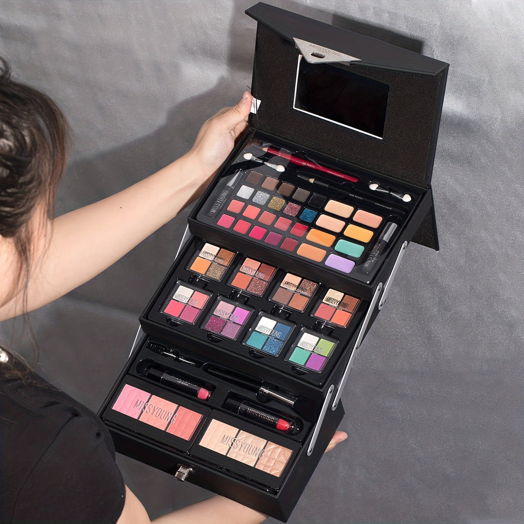 53pcs Night Black Step Case Makeup Set - Portable, Waterproof Design with Eyeshadow, Highlighter, Blush, Concealer, Lip Gloss, Eyeliner, Eyebrow Pencil, Brushes Tidesmit