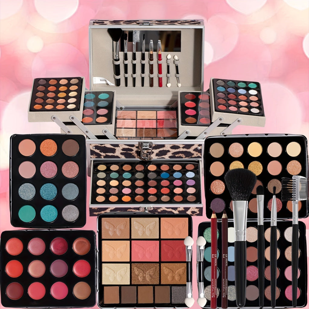 127pcs Portable Cosmetic Set | Leopard Print Gift Box with Lipstick, Eye Shadow, Highlight Powder, Rainbow Color Cosmetics, Includes Cosmetic Tools and Case, Ideal for Gifting Tidesmit