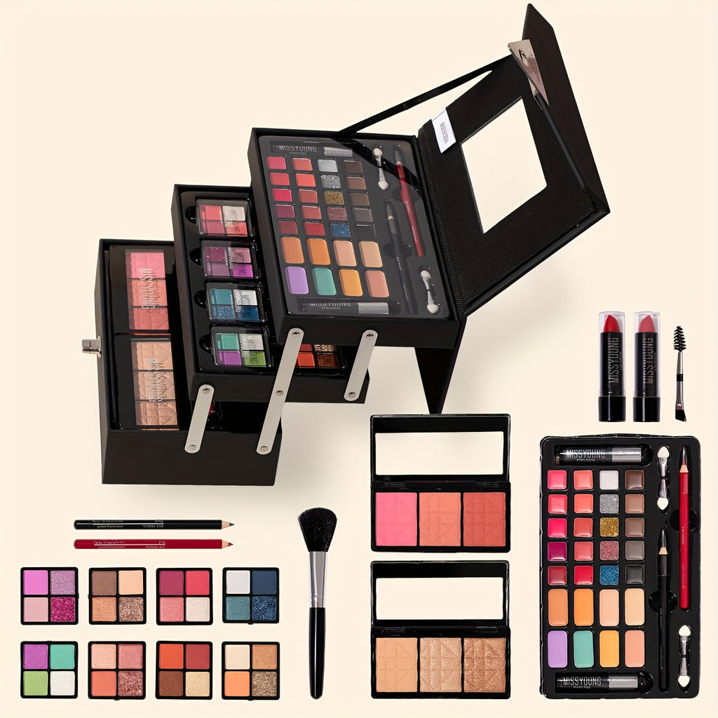 53pcs Night Black Step Case Makeup Set - Portable, Waterproof Design with Eyeshadow, Highlighter, Blush, Concealer, Lip Gloss, Eyeliner, Eyebrow Pencil, Brushes Tidesmit