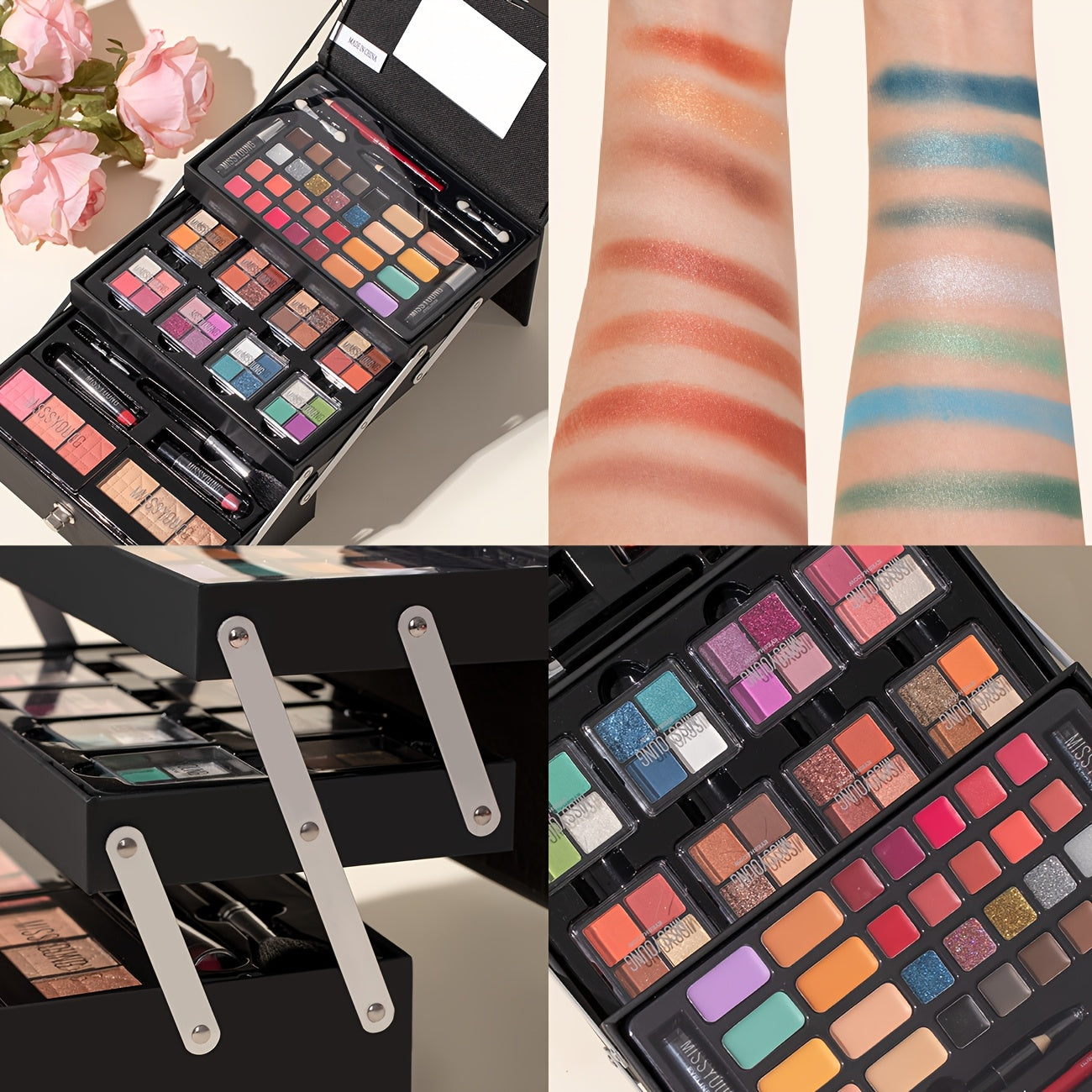 53pcs Night Black Step Case Makeup Set - Portable, Waterproof Design with Eyeshadow, Highlighter, Blush, Concealer, Lip Gloss, Eyeliner, Eyebrow Pencil, Brushes Tidesmit