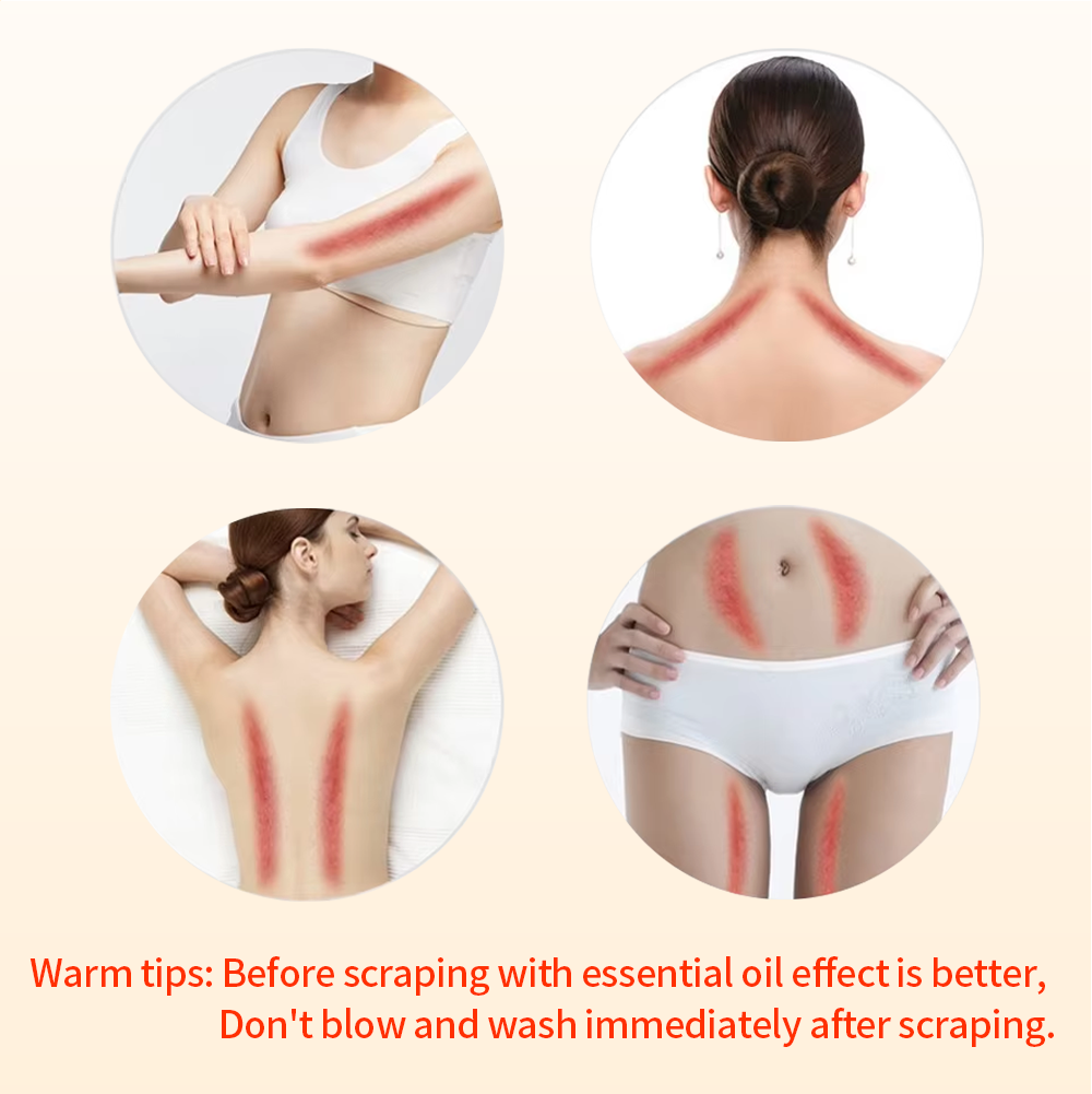 Collage showing a silver stainless steel Gua Sha tool being used on a woman's arm, neck, back, abdomen, and legs.