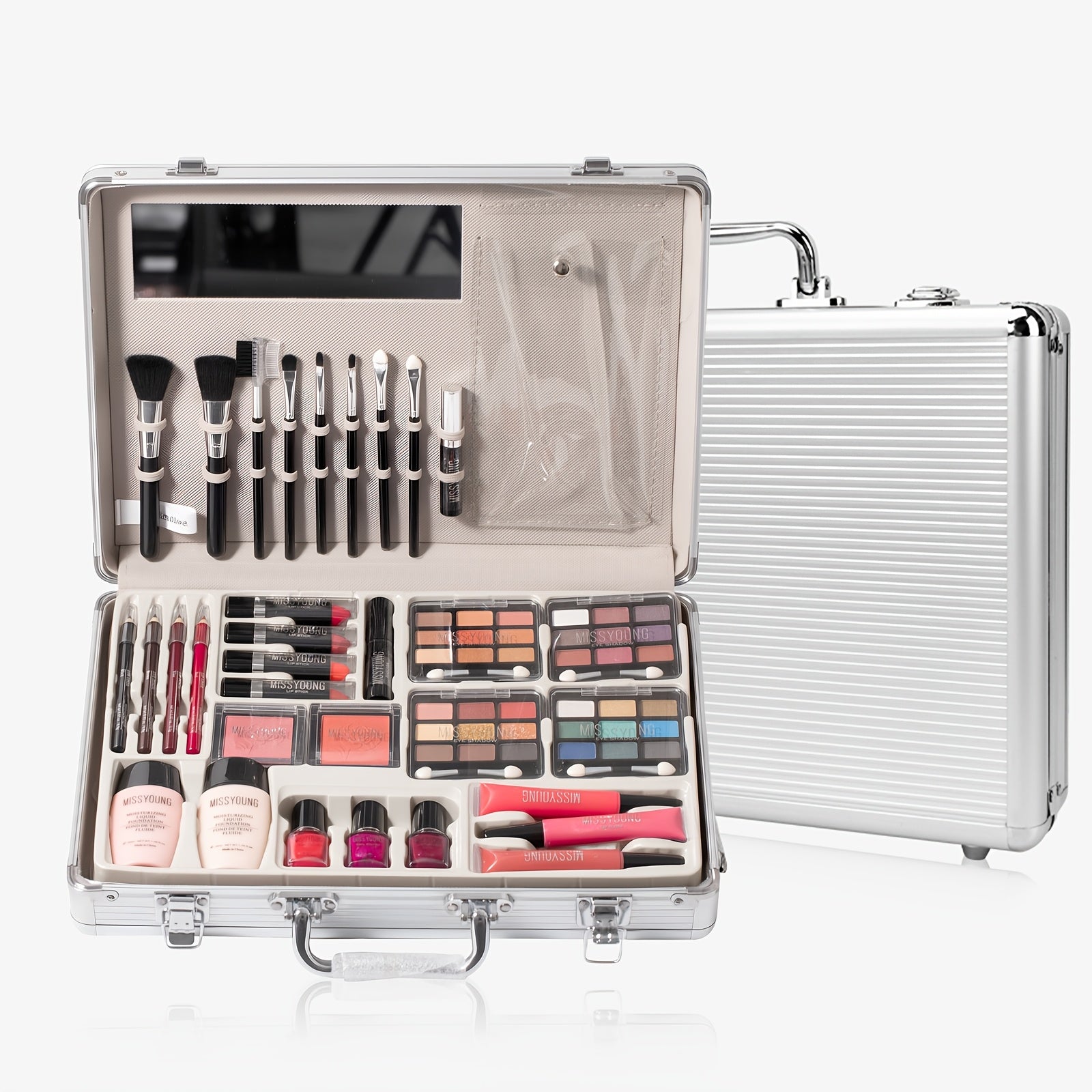 Silvery & Pink Professional Artist Makeup Bag: All-in-One Luxury Makeup Set | 10 Face Eyes & Lips Essentials + Travel Anti-Theft Organizer, Backstage to Ballroom Glamour In One Box, Instant Red Carpet, Halloween & Christmas. Tidesmit